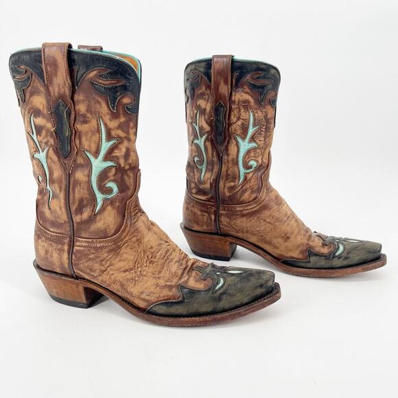 Lucchese Destroyed Antique Brown Buffalo Leather Snip Toe Western Boot sz 8.5 - Picture 1 of 11